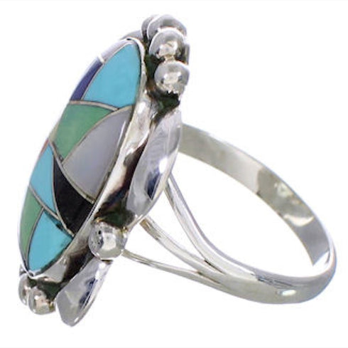 Southwestern Sterling Silver Multicolor Inlay Ring Size 8-3/4 UX33627